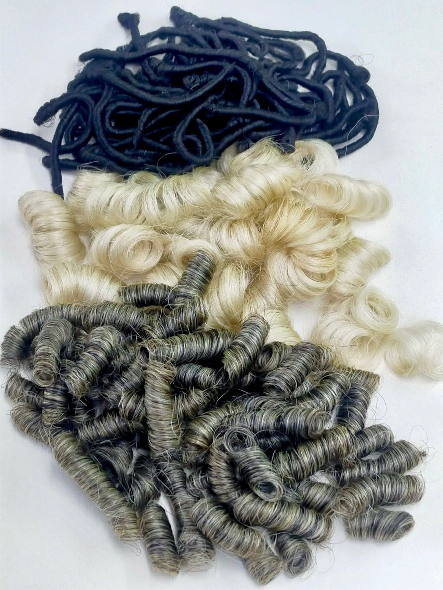 873 - Natural Grey Permanently curled Yak Hair - Various Curl Sizes and Hair Lengths